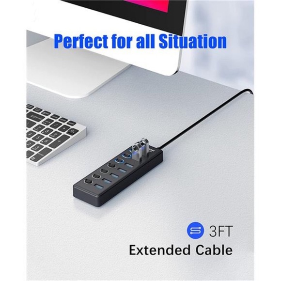 USB 3.0 Hub, 7-Port USB Hub Splitter with LED, 3ft Extended Long Cable - Picture 6 of 7